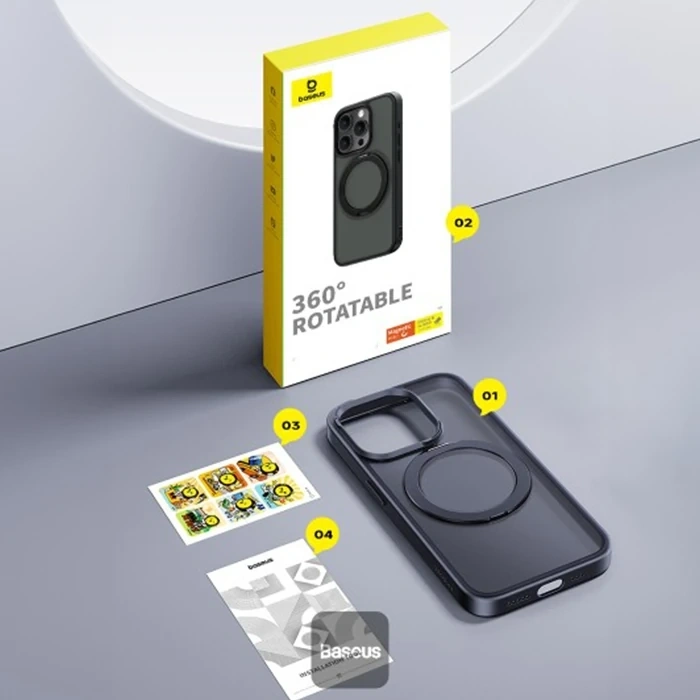 VipMarketim Baseus iPhone 15 Plus SkyRing Serisi Standlı Magsafe Manyetik Kılıf + Tempered Ekran Koruyucu Set-(5775)