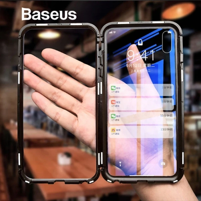 VipMarketim Baseus İPhone Xs Max Arkası Cam Manyetik Metal Frame Kılıf-(5775)