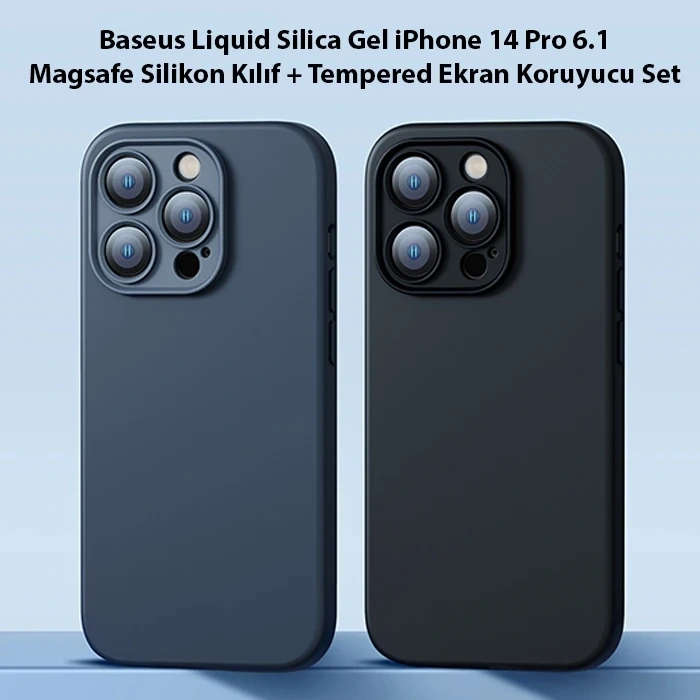 VipMarketim Baseus Liquid Silica Gel iPhone 14 Pro 6.1 Magsafe Silikon Kılıf + Tempered Ekran Koruyucu Set-(5775)