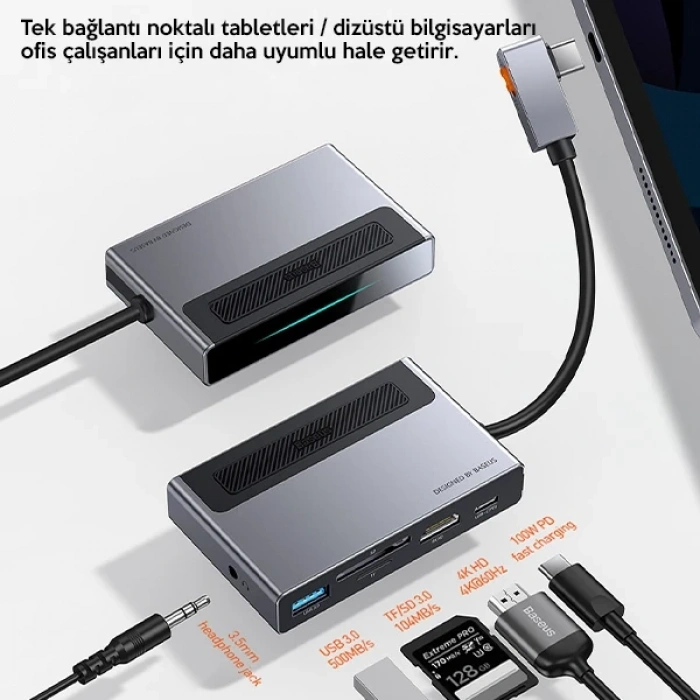 VipMarketim Baseus Magic Çok Fonksiyonlu Klipsli Type-C HUB 6in1 (USB3.0+SD+TF+HDMI+Type-C+3.5mm) Adaptör Çoklay-(5775)