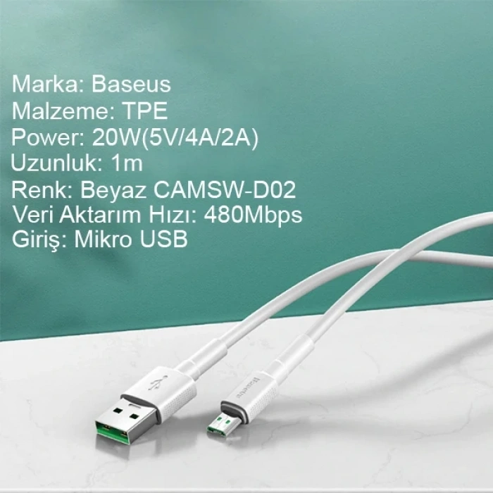 VipMarketim Baseus Mini White Micro USB 4A OPPO VIVO Dash Usb Şarj Kablosu 1Metre-(5775)