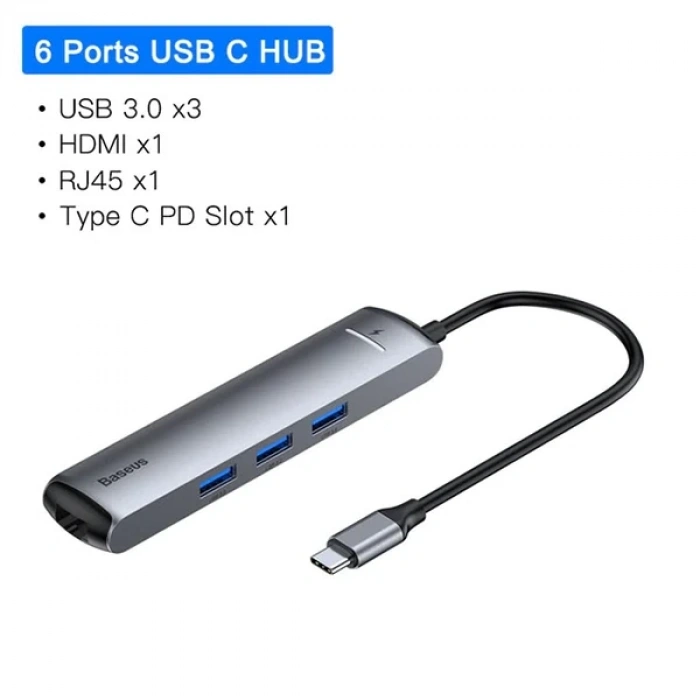 VipMarketim Baseus Usb Type C 6in1 HDMI 3x USB 3.0 RJ45 Çoğaltıcı Adaptör-(5775)