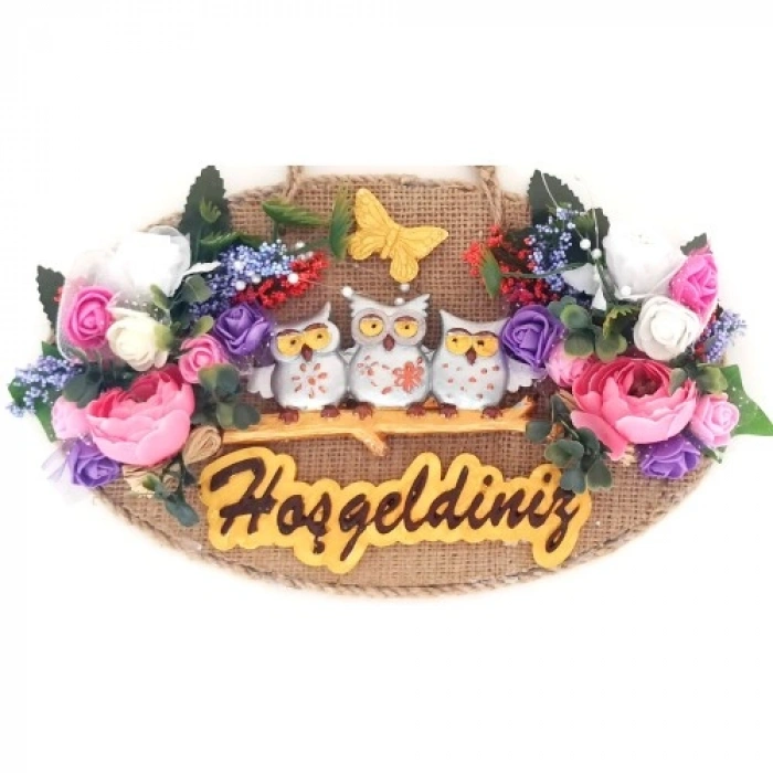 VipMarketim Baykuş Ailesi Hoşgeldiniz Yazılı Çiçekli El Yapımı Kapı Süsü