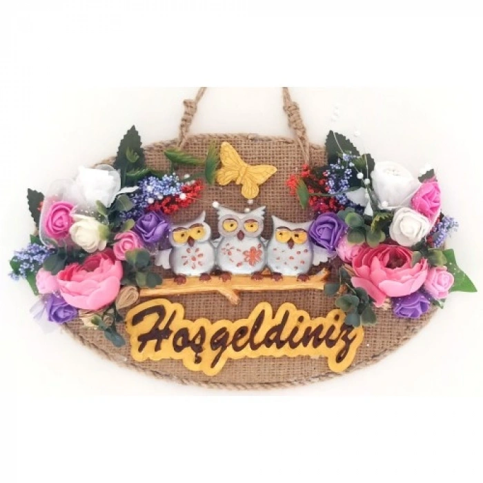 VipMarketim Baykuş Ailesi Hoşgeldiniz Yazılı Çiçekli El Yapımı Kapı Süsü