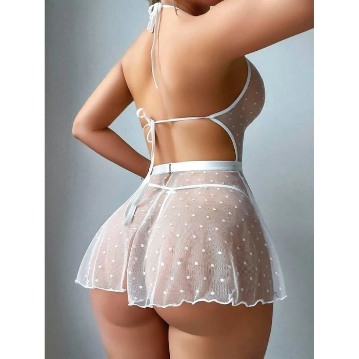 VipMarketim Bel Kısmı Fiyonklu Dantel İşlemeli Mini Fantezi Gecelik