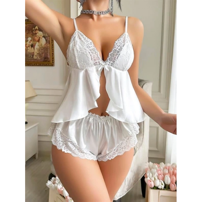 VipMarketim Beyaz Dantel İşlemeli Arkası Dekolteli Şortlu Saten Gecelik