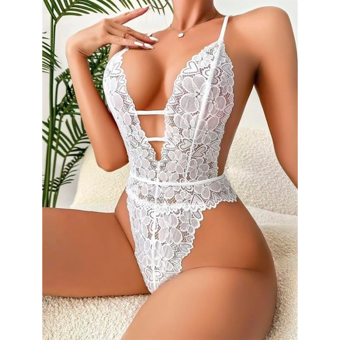 VipMarketim Beyaz Dantel İşlemeli Göğüs Dekolteli Fantezi Body