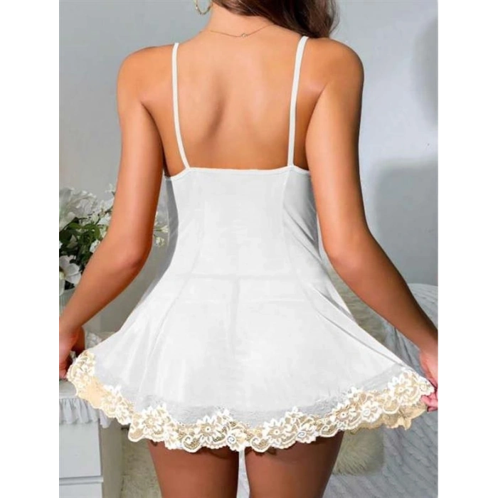 VipMarketim  Beyaz Dantel İşlemeli İnce Askılı Likralı Fantezi Tül Gecelik