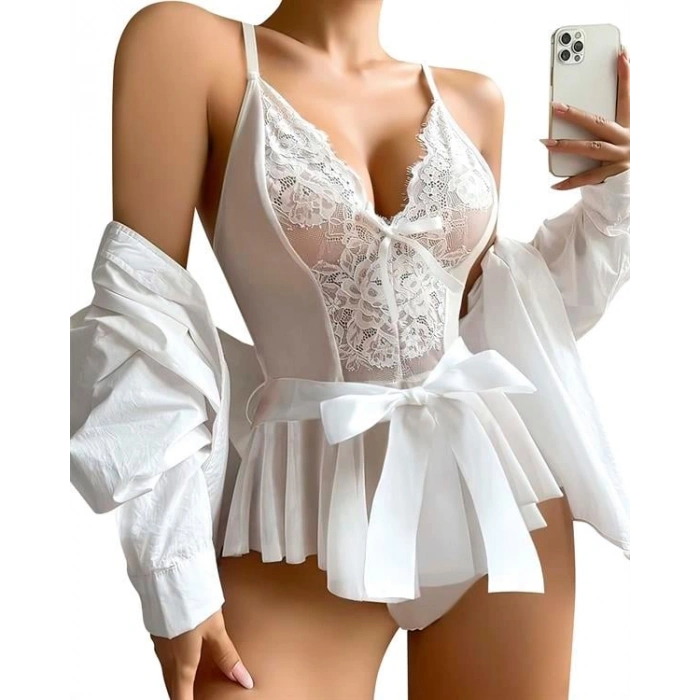 VipMarketim  Beyaz Dantel İşlemeli Kurdelalı Fantezi Tül Babydoll