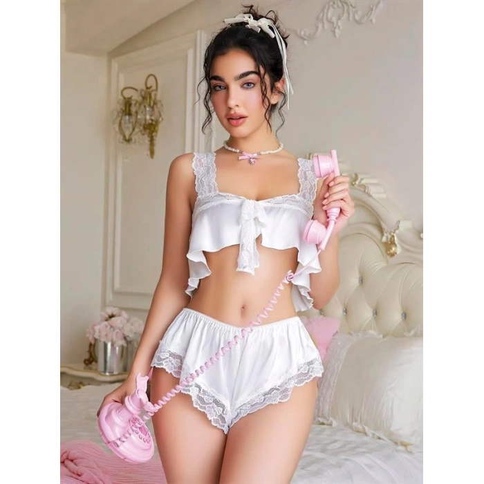 VipMarketim  Beyaz Dantel İşlemeli Sütyenli Saten Şortlu Takım