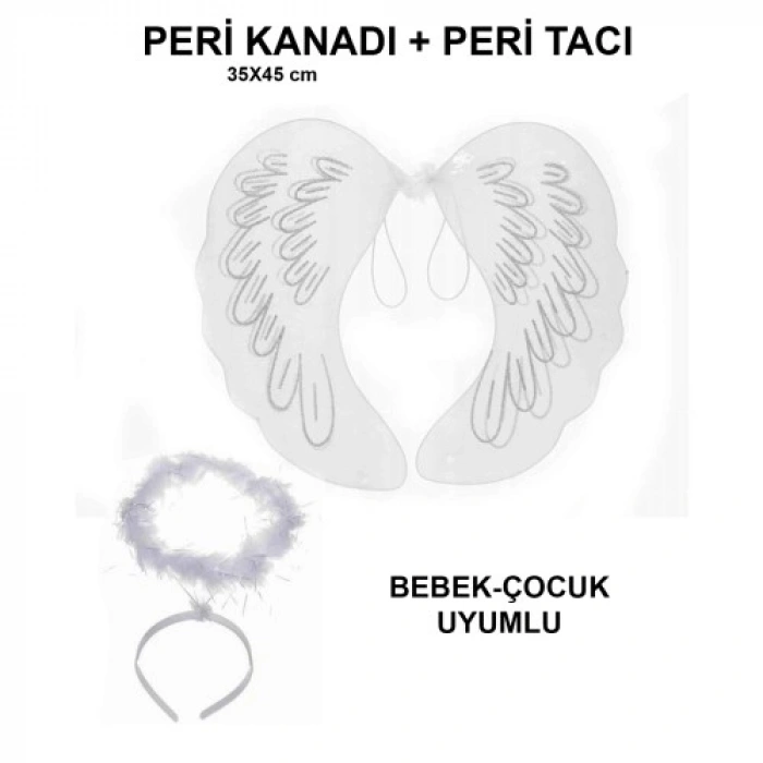 VipMarketim Beyaz Dantel Tüllü Peri Kanadı ve Peri Tacı Seti 45x40 cm