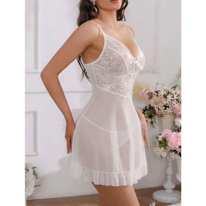 VipMarketim  Beyaz Fırfırlı Dantel İşlemeli İnce Askılı Likralı Fantezi Tül Gecelik