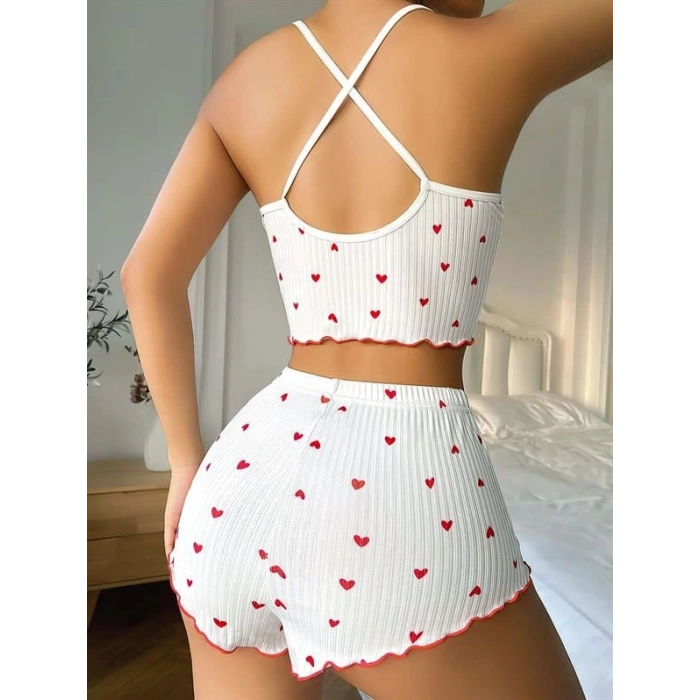 VipMarketim Beyaz Fiyonk Desenli Kalpli Askılı Şortlu Pijama Takım