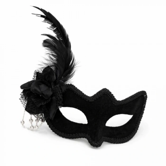 VipMarketim Beyaz İnci Detaylı Siyah Süet Venedik Kadın Maskesi Tüylü Güllü