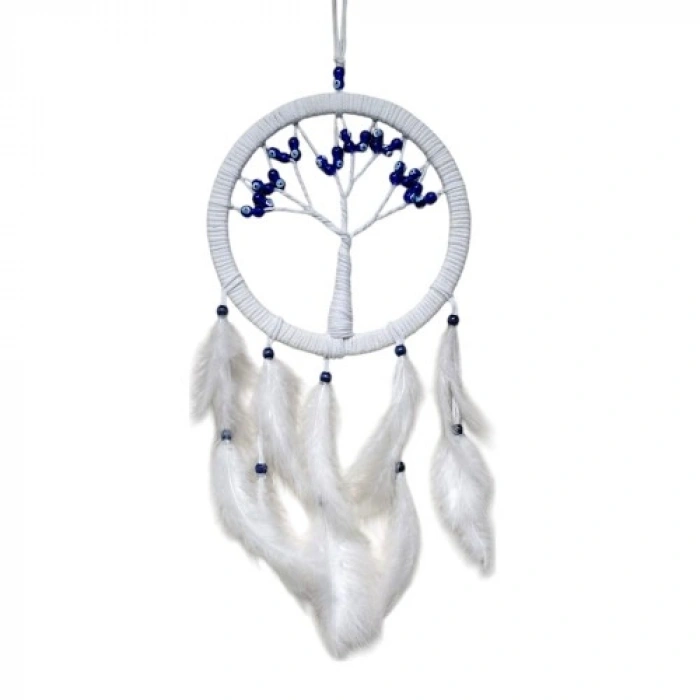 VipMarketim Beyaz Kuş Tüylü Cam Nazar Boncuklu Hayat Ağacı Duvar Dekoru