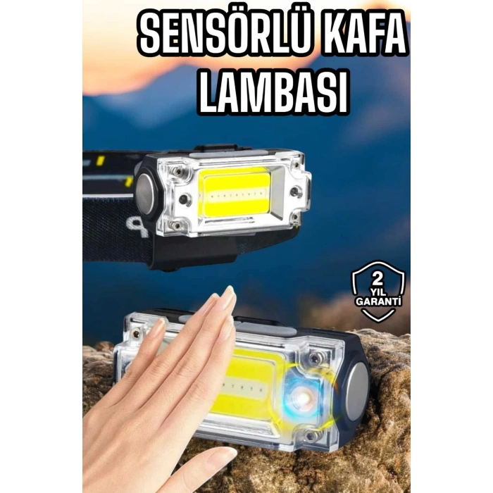VipMarketim Beyaz Led Işık Sensörlü Kafa Lambası Lityum Batarya Led El Fenerli Şarjlı
