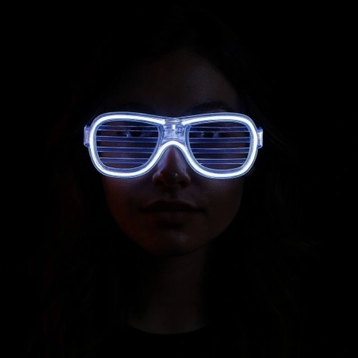 VipMarketim Beyaz Led Işıklı Parti Gözlüğü - Neon Glow Şerit Gözlük 3 Modlu