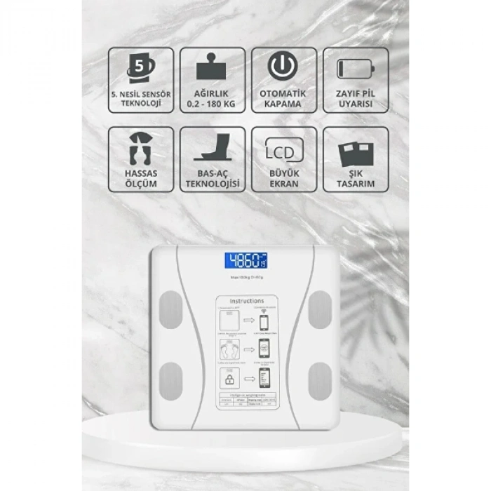 VipMarketim Beyaz Renk Bluetooth Özellikli Akıllı Tartı