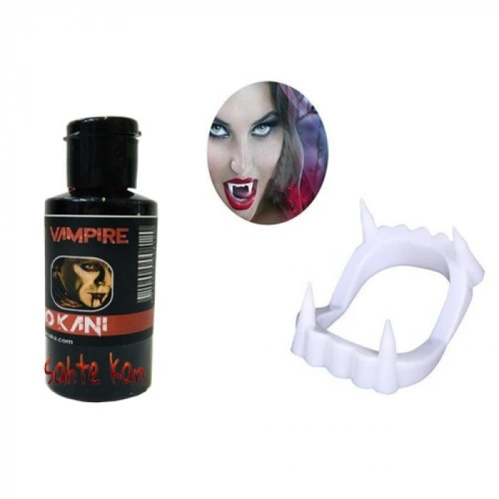 VipMarketim Beyaz Renk Çift Damak Takma Vampir Dişi ve 50 gr Tiyatro Kanı