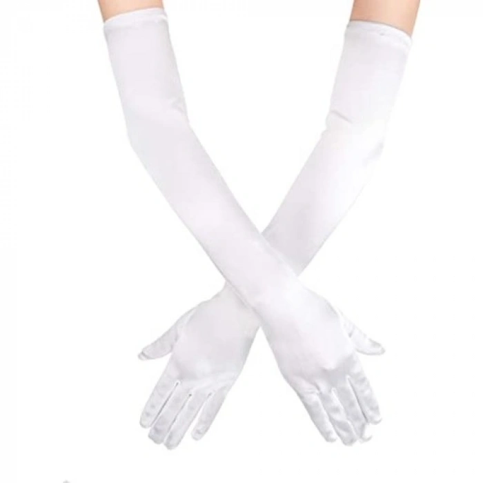 VipMarketim Beyaz Renk Dirseğe Kadar Uzun Kumaş Eldiven 40 cm