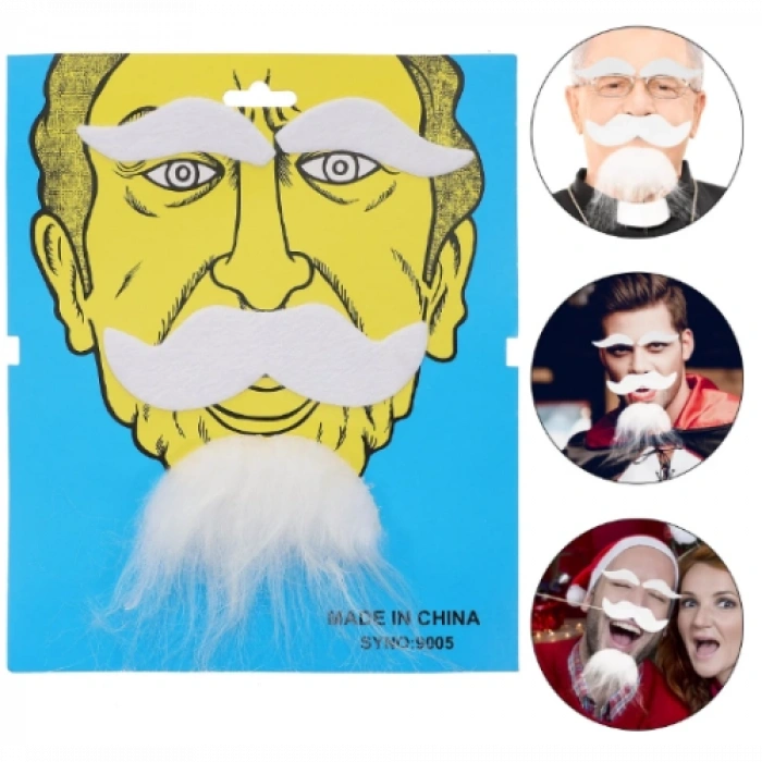 VipMarketim Beyaz Renk Kendinden Yapışkanlı Takma Sakal Bıyık ve Kaş Seti