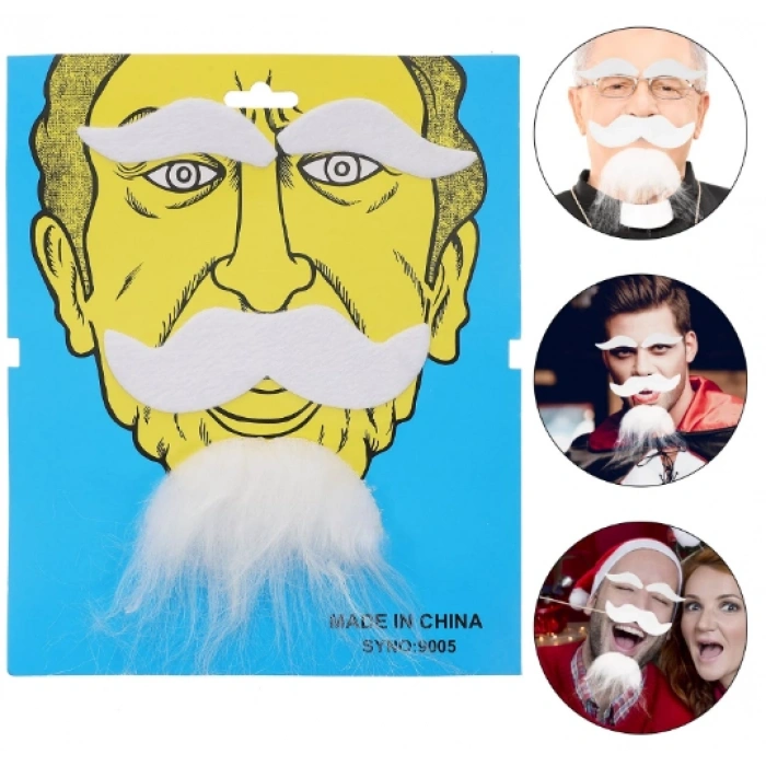 VipMarketim Beyaz Renk Kendinden Yapışkanlı Takma Sakal Bıyık ve Kaş Seti