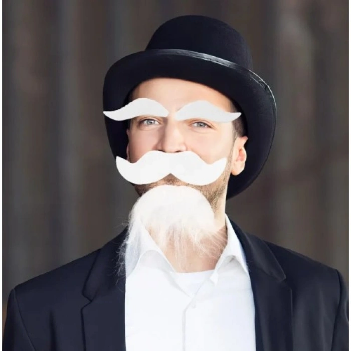 VipMarketim Beyaz Renk Kendinden Yapışkanlı Takma Sakal Bıyık ve Kaş Seti