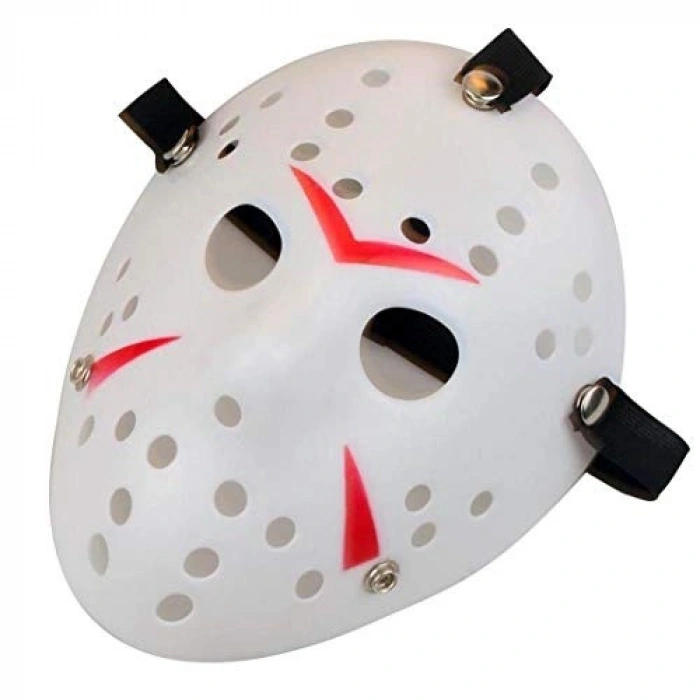 VipMarketim Beyaz Renk Kırmızı Çizgili Tam Yüz Hokey Jason Maskesi Hannibal Maskesi