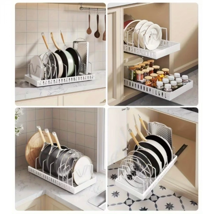 VipMarketim Beyaz Renk Teleskopik Raylı Tava Tencere Organizeri