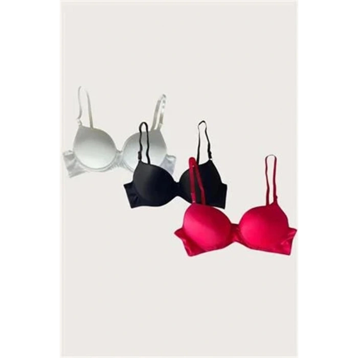 VipMarketim Beyaz-Siyah-Kırmızı 3Lü Mikro Kumaş Push Up Dolgulu Balenli Günlük Destekli Sütyen