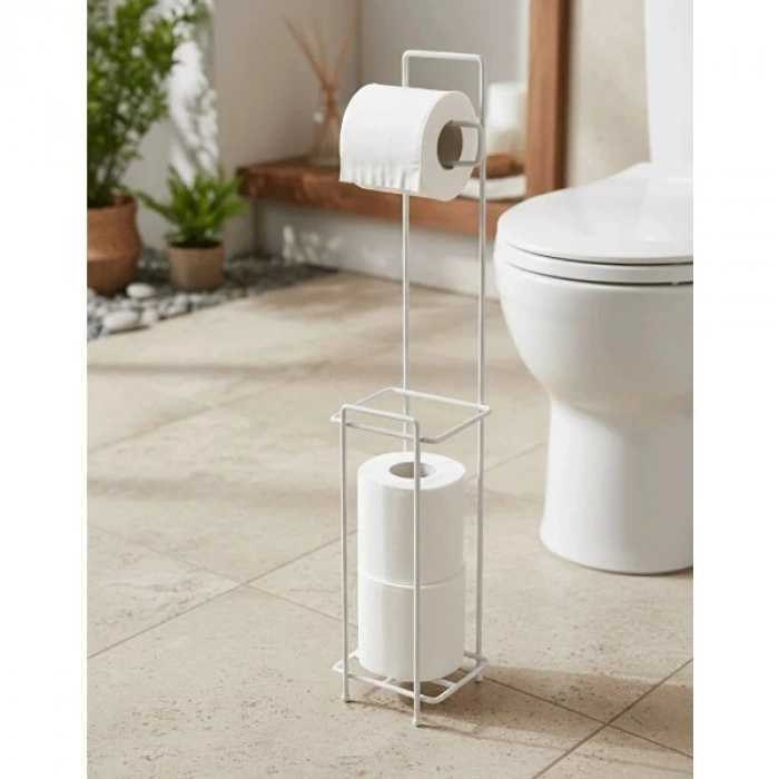 VipMarketim Beyaz Standlı Yedek Hazneli Tuvalet Kağıtlığı