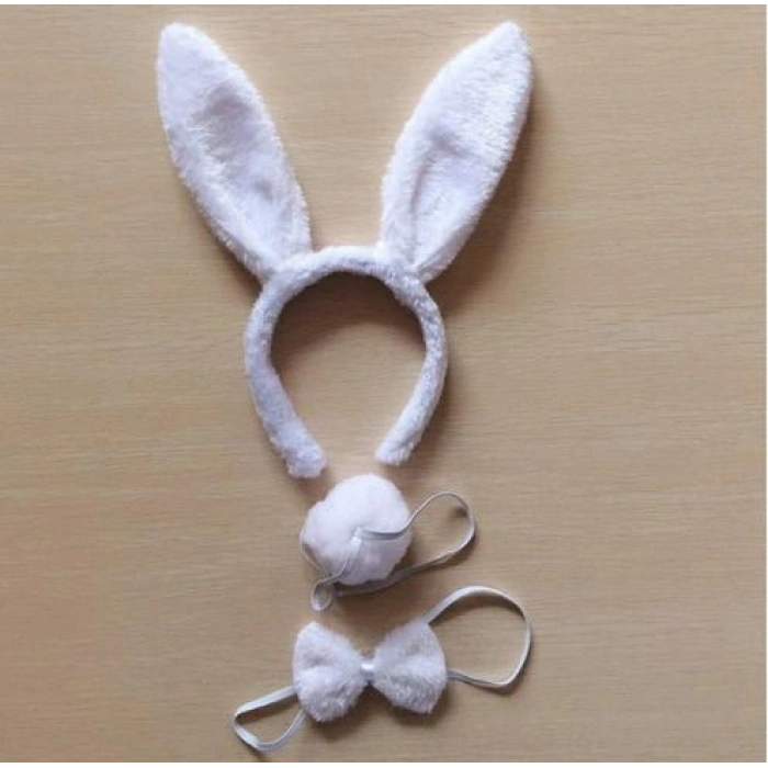 VipMarketim Beyaz Tavşan Kostüm Seti - Taç Papyon Kuyruk