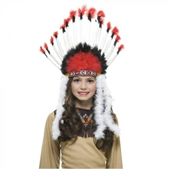 VipMarketim Beyaz Tüylü Siyah Kırmızı Büyük Hintli Kızılderili Başlığı