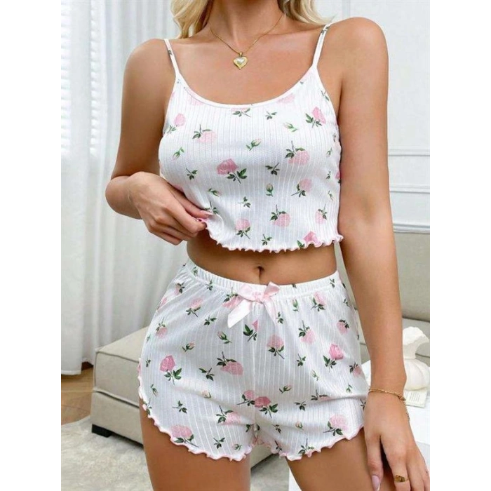 VipMarketim  Beyaz Üstüne Gül Desenli Fitilli Askılı Şortlu Pijama Takımı