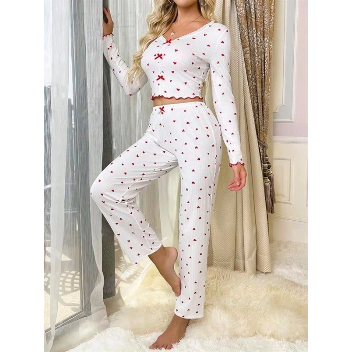 VipMarketim Beyaz Üstüne Kalp Desenli Kırmızı Kurdelalı Pamuklu Pijama Takımı