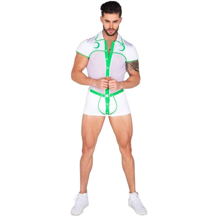 VipMarketim Beyaz Yeşil Şeritli Fantezi Erkek Kostüm