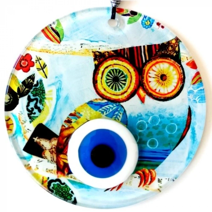 VipMarketim Bilgin Baykuş Nazar Boncuklu 12 Santimetre Füzyon Cam Duvar Süsü