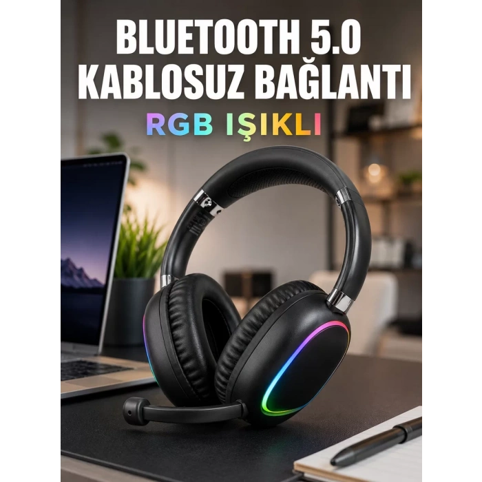 VipMarketim Bluetooth 5.0 Kablosuz Kulak Üstü Kulaklık Mikrofonlu RGB Aydınlatmalı