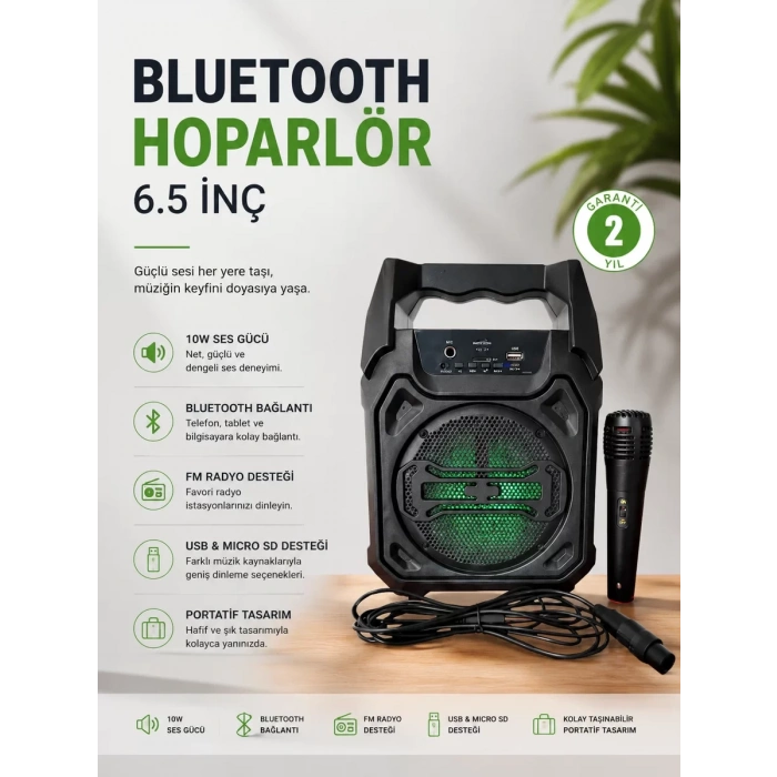 VipMarketim Bluetooth Hoparlör Mikrofonlu Taşınabilir Ses Sistemi FM Radyo USB SD Kart ve TWS Özellikli