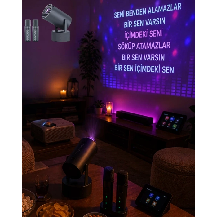 VipMarketim Bluetooth Hoparlörlü Akıllı Projektör Kablosuz Karaoke Mikrofonlu
