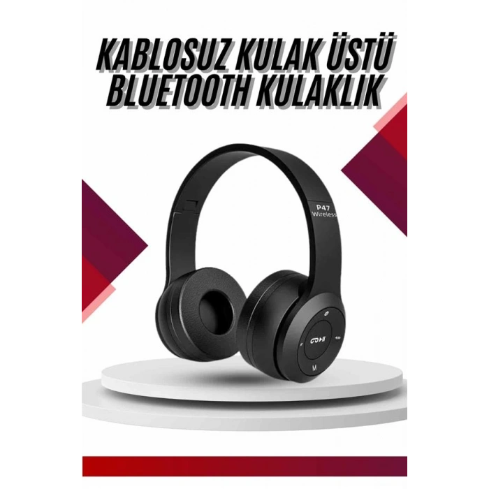 VipMarketim Bluetooth Kablosuz Kulaklık Siyah Wireless 5.0 Kulak Üstü Uzun Pil Ömrü