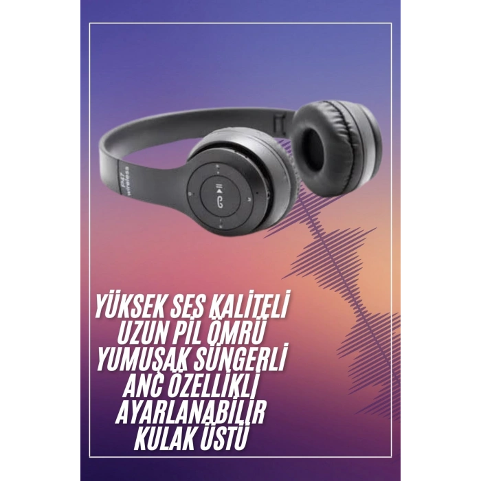 VipMarketim Bluetooth Kablosuz Kulaklık Siyah Wireless 5.0 Kulak Üstü Uzun Pil Ömrü