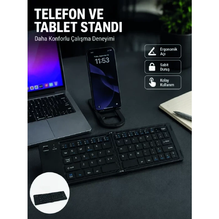 VipMarketim Bluetooth Katlanabilir Klavye USB-C Şarjlı 3 Cihaz Bağlantılı Taşınabilir Klavye