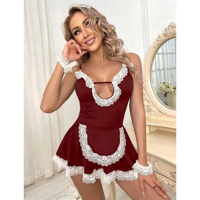 VipMarketim  Bordo Beyaz Aksesuarlı Dantelli Fantezi Hizmetçi Kostümü