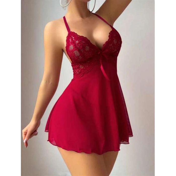 VipMarketim  Bordo Dantel İşlemeli Boyundan Bağlamalı Likralı Fantezi Tül Gecelik