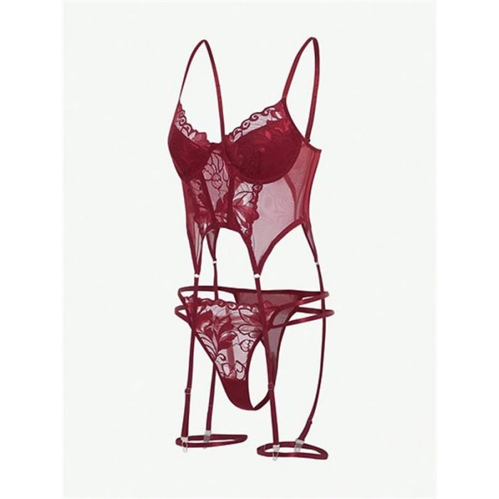 VipMarketim  Bordo Dantel İşlemeli Göğüs Dekolteli Fantezi Jartiyer Takımı