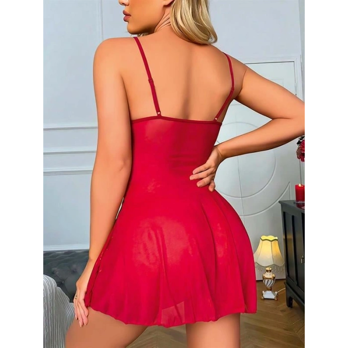 VipMarketim Bordo Dantel İşlemeli Göğüs İp Detaylı Fantezi Tül Gecelik Takımı