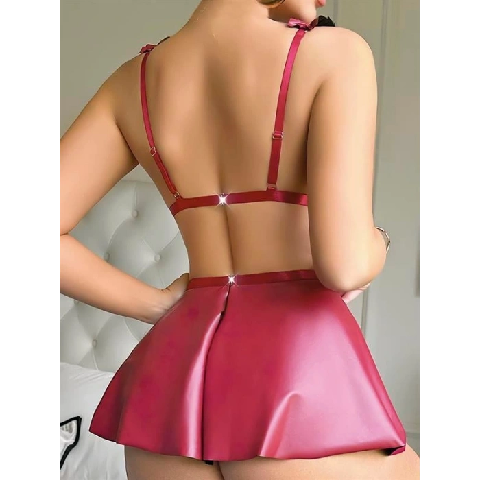 VipMarketim Bordo Göğüs Dekolteli Mini Etekli Fantezi Deri Takım