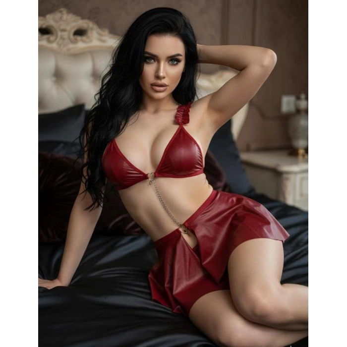 VipMarketim Bordo Göğüs Dekolteli Mini Etekli Fantezi Deri Takım