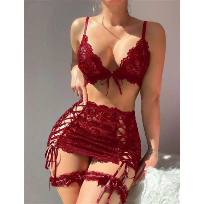 Vipmarketim Bordo Transparan Dantel İşlemeli İp Detaylı Fantezi Takım